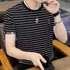 Nueva Camiseta de Manga Corta con Cuello Redondo de Seda Helada para Hombre de Verano Estilo Coreano Casual Transpirable Rayada Media Manga Transfronteriza En Stock