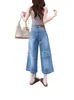 Foto Real de Jeans Cropped de Cintura Alta Wide Leg Estilo Americano para Mulheres, Nova Coleção Primavera 2026 Calças Retas Largas Lavadas Vintage