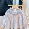Camisa larga de manga larga para niña, estilo nuevo de primavera, con lazo y cuello de encaje, top elegante para bebés, ropa infantil de moda