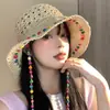 Sombrero de Paja Tejido con Cuentas de Colores para Mujer, Sombrero de Sol de Ala Ancha, Sombrero de Paja de Sol para Vacaciones en la Playa