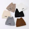 Gorro de mezcla de lana de nuevo estilo para otoño e invierno transfronterizo con etiqueta de tela de orejas de cuerno, gorro de punto cálido y moderno, fabricante de gorros de lana