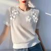 2025 Estilo Coreano Estilo Chanel Chique Lindo Top Novo Vestido Feminino de Verão Flor Estereoscópica com Contas Gola Redonda Suéter de Tricô de Seda de Gelo