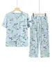 Traje de verano de algodón y seda para mujeres mayores, conjunto de dos piezas fino estampado de manga corta, ropa para abuela de talla grande, camiseta