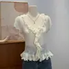 Camiseta de Tricô Manga Curta com Decote V Franzido Estilo Coreano para Mulheres, Novo Estilo Verão 2025, Ajustada na Cintura, Emagrecimento, Top Único e Distinto