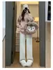 Pantalones Anchos de Forro Polar Color Café Oscuro para Mujer, Otoño e Invierno de Cintura Alta, Caída Recta, Chenilla de Borrego, Espesos, Cálidos, de Algodón