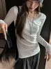 Camiseta de Manga Longa em Veludo Alemão Escovado com Renda e Decote em V para Mulheres, para Usar como Camada Base no Outono e Inverno, Slim e de Cintura Alta