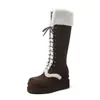 Outono e inverno de 2023 Novas Botas Plataforma Pequenas Bico Redondo Cadarço Botas de Cano Alto Forradas com Lã Quentes Botas de Neve para Mulheres