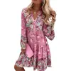2024 Transfronterizo Europeo y Americano Primavera y Verano Nuevo Cuello en V Empalme Floral Falda Estampada Manga Tres Cuartos Vestido Mini en Capas