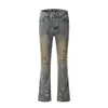 Jeans Rotos de Hombre Estilo Americano Vintage Amarillo Viejo Teñidos con Barro Salpicaduras de Tinta High Street Ajustados Altos Modernos Pantalones de Campana