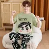 Pijama masculino estiloso e bonito de manga curta 100% algodão, conjunto fino de gola redonda, roupa de casa casual de corte solto, novo modelo de verão 2026