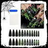 Unhas Halloween Pontudas Longas Usáveis Série Caveira Morcego Verde Arte de Unha em Adesivo Unhas Postiças Unhas Prontas