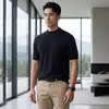 Camiseta Clássica Masculina Casual Solta de Tricô 100% Caxemira Pura Fina de Malha 18 Gauge, Gola Redonda, Manga Curta, Cor Sólida