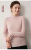 Suéter Feminino de Cashmere 100% Puro Listrado Meia-Gola Outono/Inverno Primeira Linha Cor Sólida Slim Fit Malha que Valoriza Camada Base
