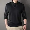 Roupas para Pai de Meia-Idade: Camiseta Masculina de Manga Longa, Camisa Polo com Gola, Estilo Outono e Primavera, Listrada, Falsa Duas Peças