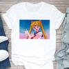 Jovem linda garota guerreira representa padrão de lua estampado camiseta branca manga curta roupas femininas comércio exterior desejo transfronteiriço/ebay