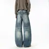 Roupas Masculinas Fengshe / Jeans bordado retro americano para homens e mulheres, calças casuais da moda de perna reta, largas, soltas, com corte curvo