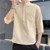 Camisa de Cuello Alto para Hombre de Manga Corta Verano Nueva Transpirable Fina de Algodón y Lino Manga Tres Cuartos Camisa Blanca Top Holgado