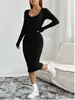 Em Estoque Europeu e Americano Comércio Exterior Transfronteiriço Primavera, Outono e Inverno Amazon Aliexpress Vestido Elegante de Tricô de Manga Longa para um Look de Trabalho Estiloso
