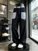 Jeans reto com bolso frontal em blocos de cor xadrez retrô americano para homens, calça larga solta, calças de design de nicho da moda