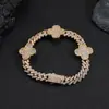 Pulsera de Cadena Cubana de Diamantes de Trébol de Cuatro Hojas con Hebilla de Resorte Hip Hop Transfronteriza Europea y Americana, Pulsera de Zirconia de Alto Nivel Versátil para Hombre