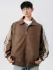 Chaqueta de Cuero PU Acu para Hombre con Solapa Rayada Desgastada y Manchas, Cuello Alto, Corte Holgado Casual con Cremallera y Remaches