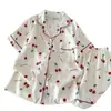 Pijama de Algodão Nuvem Feminino Verão Doce Estilo Ins Cardigã Manga Curta Shorts Solto Fino Roupa de Casa de Verão conjunto