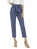Decoración de Cinturón Transfronteriza al por Mayor Pantalones Cropped Casuales para Mujer Cintura Elástica Diseño de Bolsillos Pantalones Cropped Adelgazantes