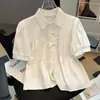 Nueva Camisa de Manga Corta con Botones Estilo Chino Nacional para Mujer, Nuevo Estilo de Verano Camisa Babydoll de Manga Abullonada Reductora de Edad, Top Holgado