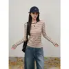 Camiseta de manga larga a rayas Melard para mujer, primavera/otoño, corte ajustado, estilo casual retro, top básico, hombro normal, estilo para ir al trabajo