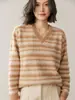Suéter Base de Cashmere Vintage Fair Isle Color-Blocking Moda Versátil Tricô Jacquard Grosso Manga Longa 26 Outono/Inverno para Mulheres Gola V