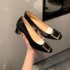 Versión de Piel de Oveja ~ Uva Ma Clásico Elegante Punta Cuadrada para Viajar Hebilla Cuadrada Baja Tacón Banana Zapatos de Salón de Tacón Alto para Mujer