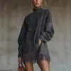 2025 Nuevo Sitio Independiente Transfronterizo Europeo y Americano Vestido de Manga Larga Suelto Retro de Gamuza con Cuello Alto y Bolsillo con Borla