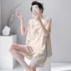 Pijama de verano fino de algodón y seda para mujer, sin mangas, pantalón largo, conjunto de pijama con lazo de algodón y seda, ropa de casa de algodón y seda talla grande