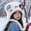 Gorro de peluche con lazo de orejas de oso para mujer, a prueba de viento, resistente al frío, protege los oídos, cálido, con doble cordón, lindo