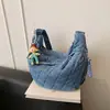 Bolsa de Couro Jeans Formato Dumpling para Mulheres, Bolsa de Ombro Transversal Grande Capacidade, Bolsa Nuvem Casual de Couro Macio, Bolsa de Mão para o Dia a Dia, Estilo Coreano