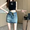 Saia Curta Jeans Vintage para Mulheres, Temporada de Primavera, Tamanho Grande, Anti-Exposição, Cintura Alta, Evase, Emagrecimento, Bodycon Saia Evasê