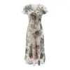 Vestido de Verão Estilo Resort Francês, com Decote V, Manga Curta, Flores Tridimensionais, Cintura Marcada, Caimento Justo, Estampado, Comprimento Médio