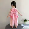 Conjunto de Pantalones de Campana a Cuadros con Lazo en la Espalda y Cuello Halter para Niñas, Moda 2026, Ropa de Verano para Bebés Estilo Coreano