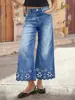 Calça Jeans Reta Bordada Estilo Floresta para Mulheres, Cintura Alta, Controle de Barriga, Levanta Bumbum, Petite, Realça a Altura, Versátil para Todas as Estações, Calça Wide Leg