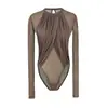 Body de malla con retazos cruzados de manga larga para mujer, fino y transparente para otoño, ajustado, sexy, capa base con entrepierna