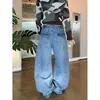 Jeans com Fivela Paris e Design de Padrão Bambu para Homens e Mulheres, Novo Estilo de Verão, Calças Retas Largas Lavadas Retro Americanas