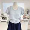 Nova Camiseta Base Feminina Estilo Coreano Primavera e Verão Curta Simples Versátil Cor Sólida Slim Fit Emagrecedora Gola Grande Manga Curta Tendência