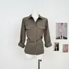 Camisa de Trabajo Lyocell Verde Militar Vintage Archivmm Cuello Camisero Manga Media Manga Larga Relajada Otoño 9202