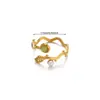 Anillo Abierto de Acero Inoxidable con Piedra Natural y Circonita Hoja Venta Caliente Temperamento Geométrico Retro Anillo de Gama Alta Venta al por Mayor