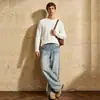 Calça jeans estilo americano, corte cleanfit, de bambu, lavagem desgastada, perna curva, unissex, high-street, silhueta wide-leg com caimento fluido
