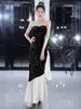 Vestido de Noche Negro sin Tirantes para Socialités de Banquetes, Lujo Ligero de Gama Alta Lentejuelas Temperamento Anfitrión Sirena Volante Vestido Largo