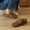 Sapatos Femininos de Couro Estilo Britânico com Aumento de Altura, Salto Bloco Versátil, Bico Quadrado, Fivela Dupla, Cadarço, Tênis Casuais de Couro Estilo Balé