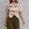 2026 Europeu e Americano transfronteiriço novo design gravata borboleta cor sólida manga lanterna blusa com gola alta casual camisa curta para mulheres