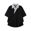 Camiseta Gola Camisa Falsa Duas Peças Estilo Americano Manga Curta Marca de Moda Masculina Camiseta Patchwork Solta Camisa Polo Meia Manga Top Casual