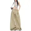 Calça Casual Khaki Preguiçosa Fluida de Perna Larga Feminina Novo Design Plissada Solta de Cintura Alta Versátil Calça de Terno